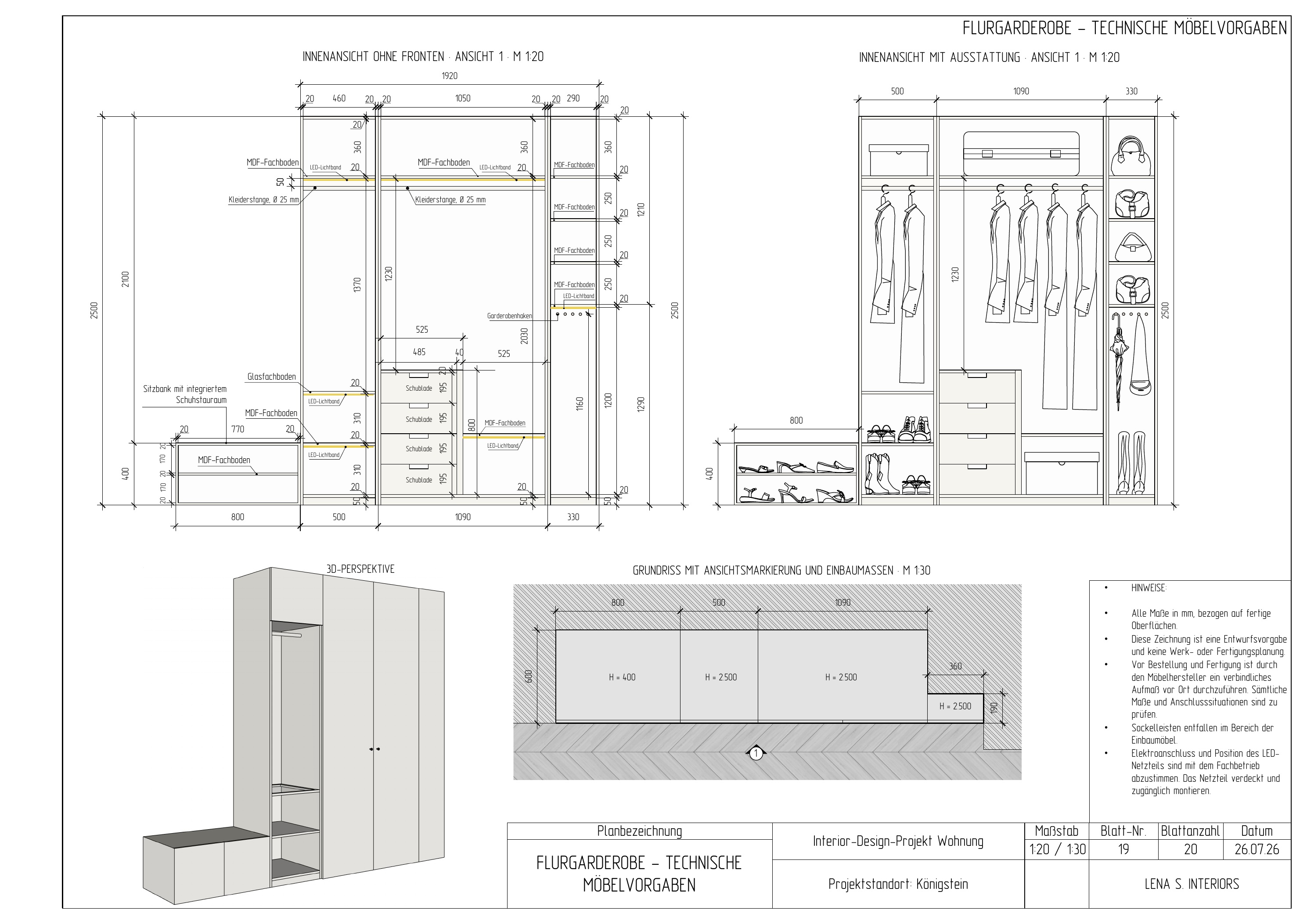 Flurgarderobe – technische Möbelvorgaben — Technische Zeichnungen & Ausführungsplanung